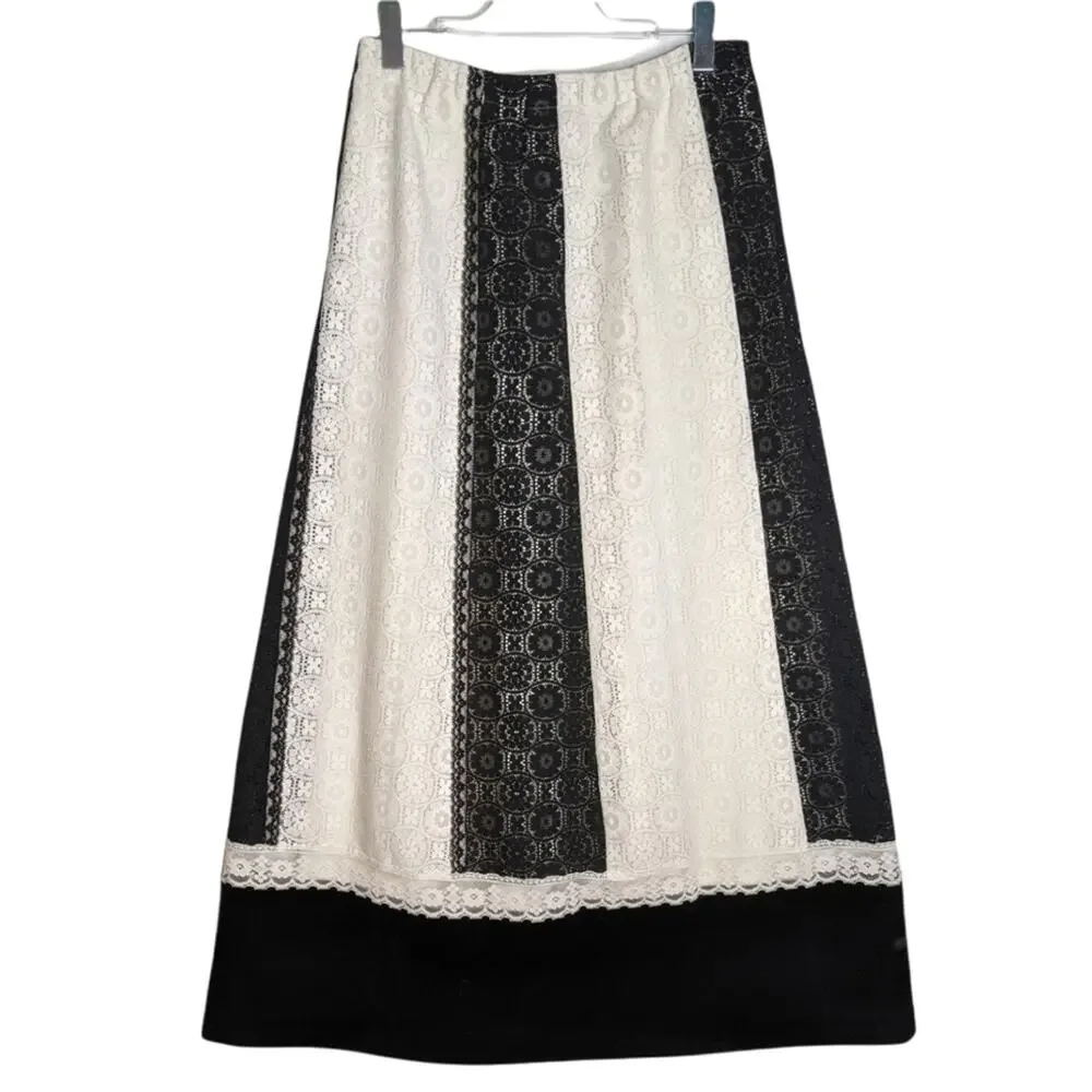 Tumbleweeds 70's VTG Maxi Skirt White Black Lace Black Velvet Hem Boho Western